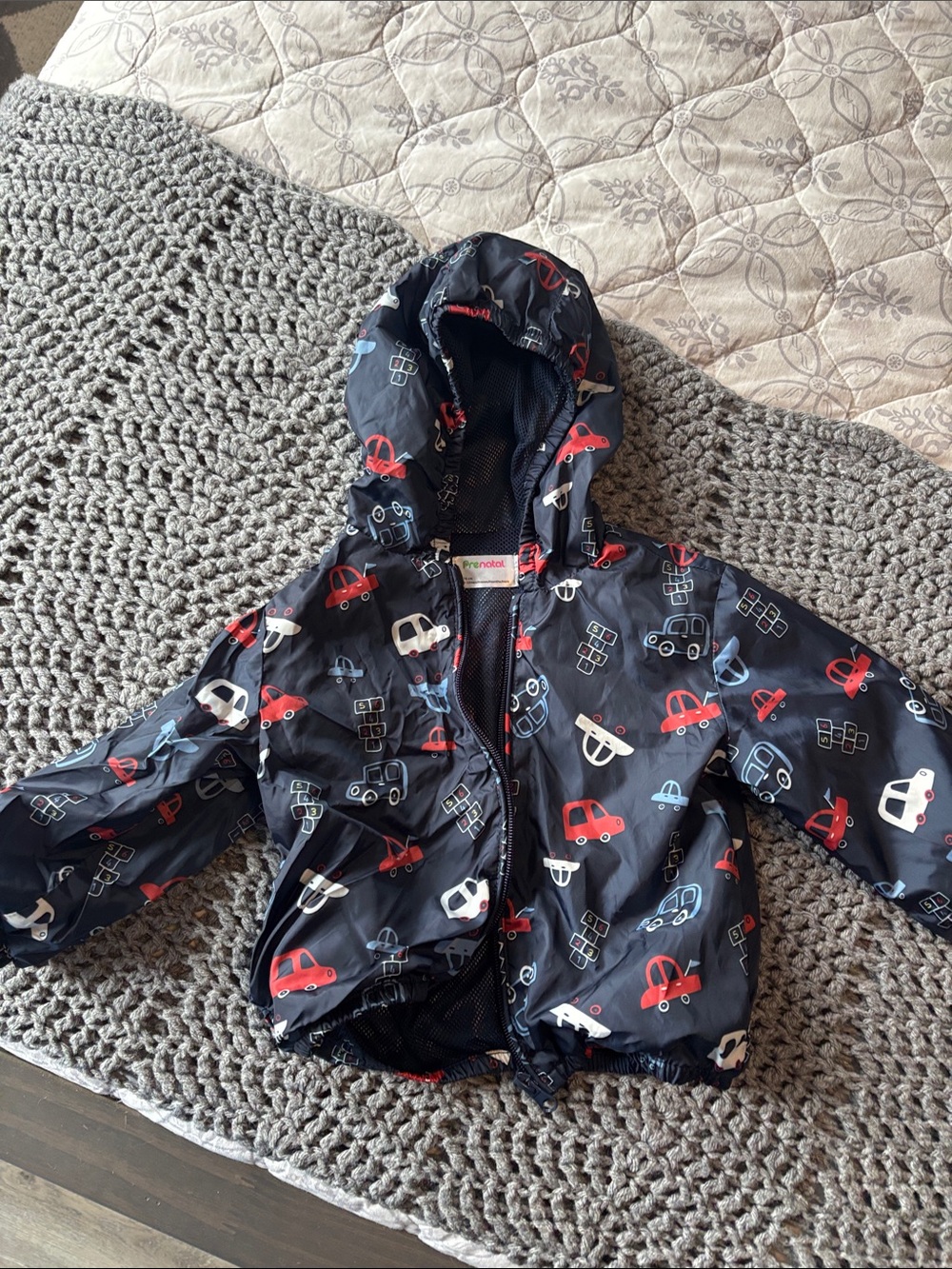 Children's Navy Hooded Rain Jacket with Car Print